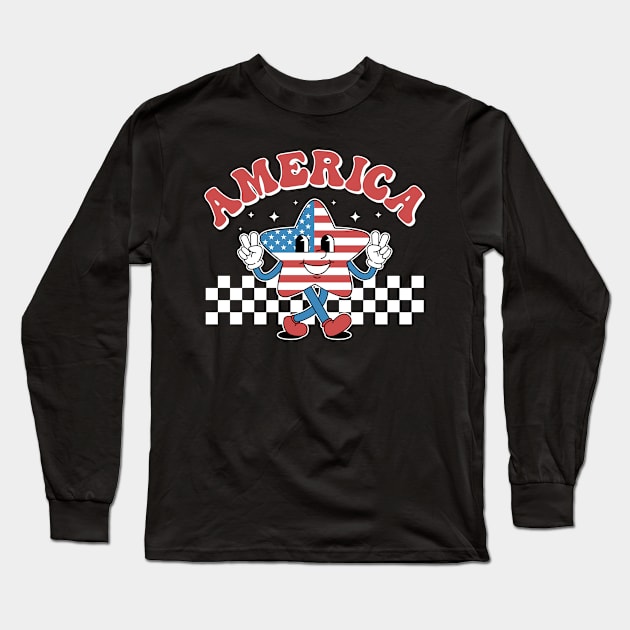 Groovy Retro America American Flag Patriotic 4th of July Long Sleeve T-Shirt by BramCrye